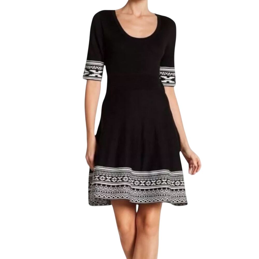 Nina Leonard Black Aztec Geometric Knit Fit & Flare Swing Sweater Dress Size M